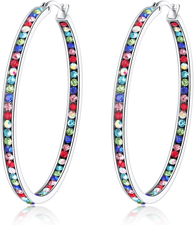 CiNily Mult-colors Crystal Stainless Steel Hoop Earring for Women Hypoallergenic Jewelry for Sensitive Ears Large Big Hoop Earrings 2" - Image 1